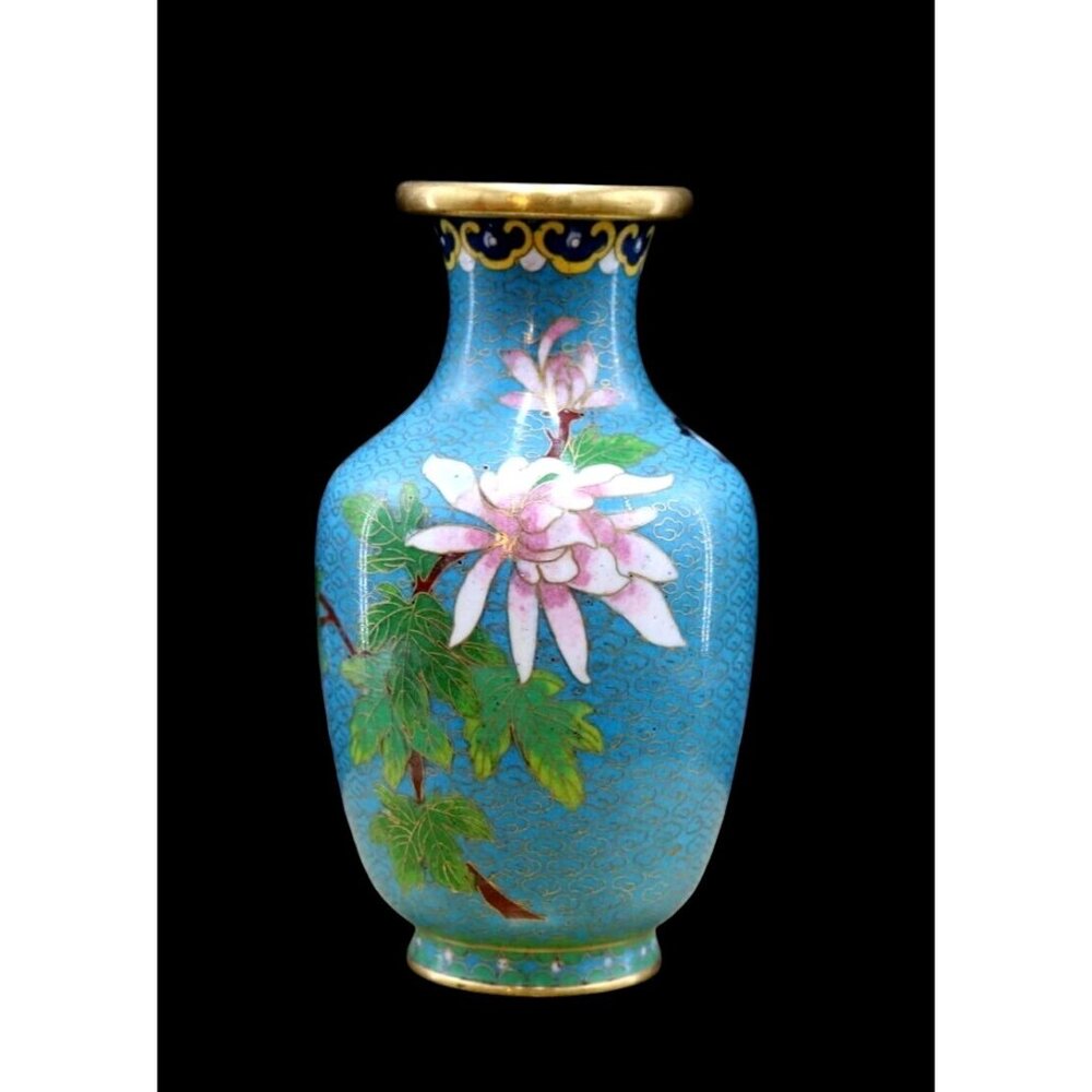 Vintage Cloisonné Vase With Floral & Bird Motif In Blue & Gold.  Small 5" Tall X